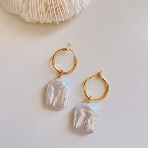 Genuine white rectangle pearl hoop earrings